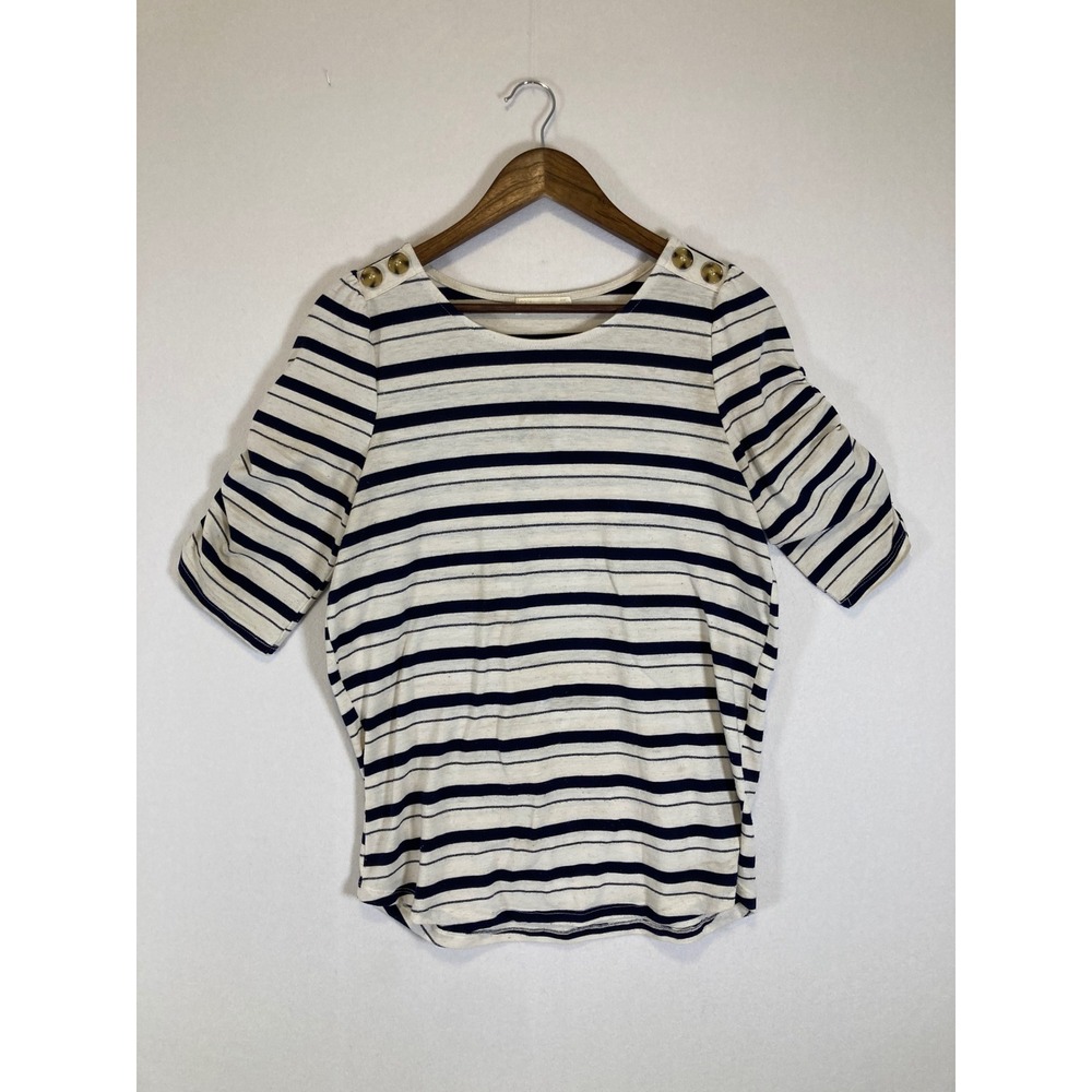 Nautical 89th + Madison Womens Medium Blue Cream Striped Ruched Button Top